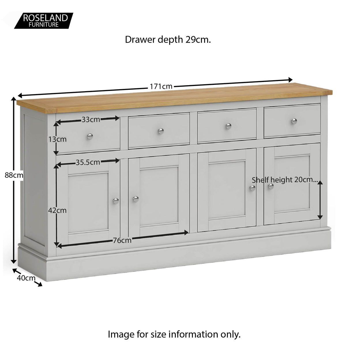 Chichester Extra Large Soft Grey Sideboard - Size guide