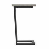 A modern side table with a dark gray metal frame and a rectangular, wood grain top, isolated against a white background.