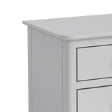 A grey corner desk with two visible drawers, against a plain background.