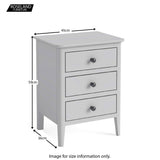 A white three-drawer bedside cabinet is displayed with dimensions: 45cm wide, 59cm high, 36cm deep. The logo "ROSELAND Furniture" is present, with a note "Image for size information only."