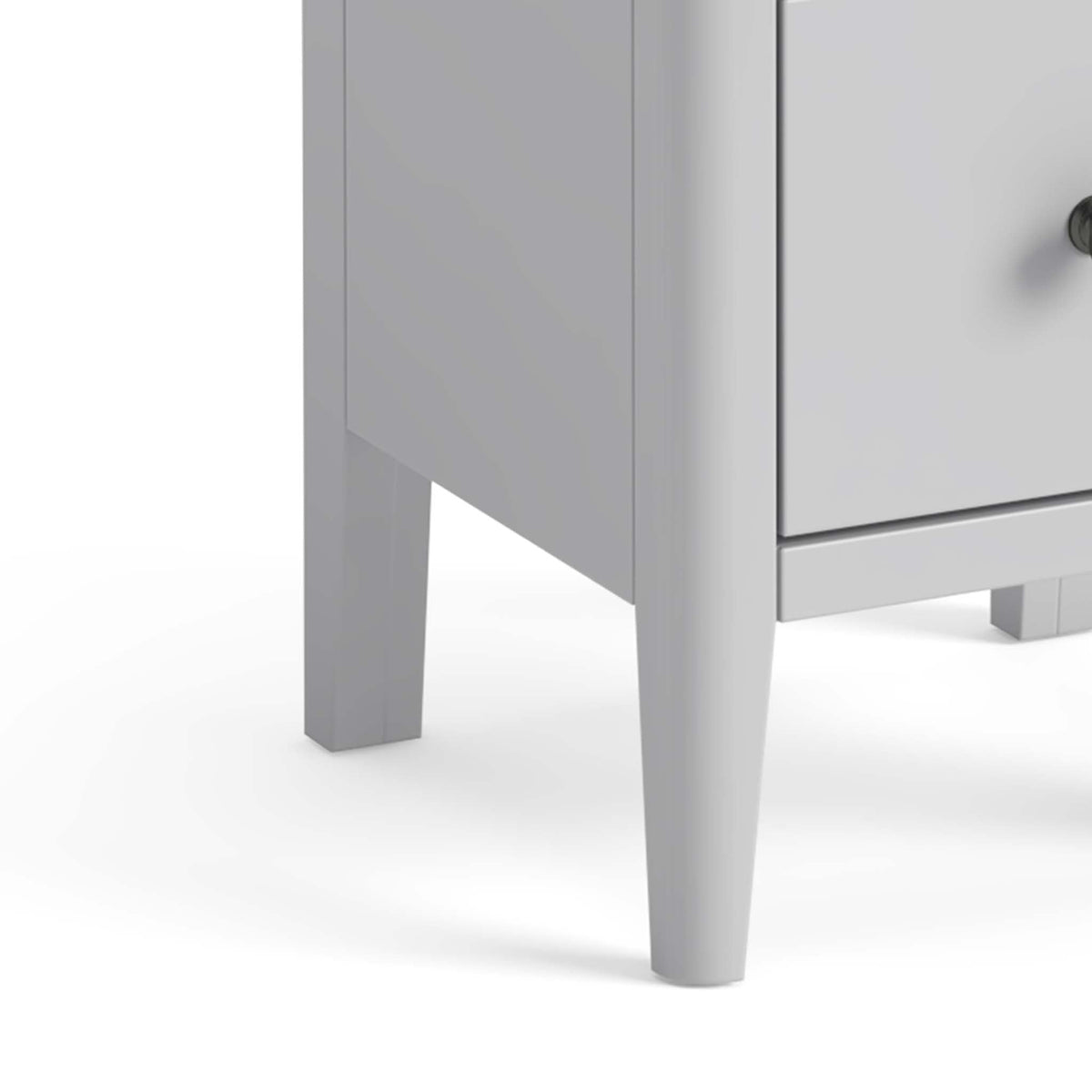 close up of tapered legs on the Elgin Grey Narrow Bedside Table
