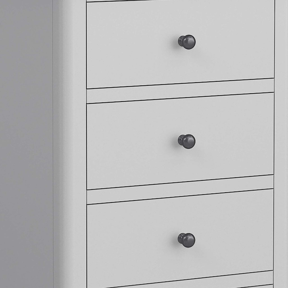 close up of gunmetal handles on the Elgin Grey Tallboy Chest of Drawers