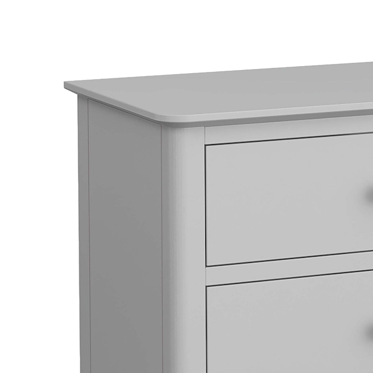 close up of sleek tabletop on the Elgin Grey 3 over 3 Chest of Drawers