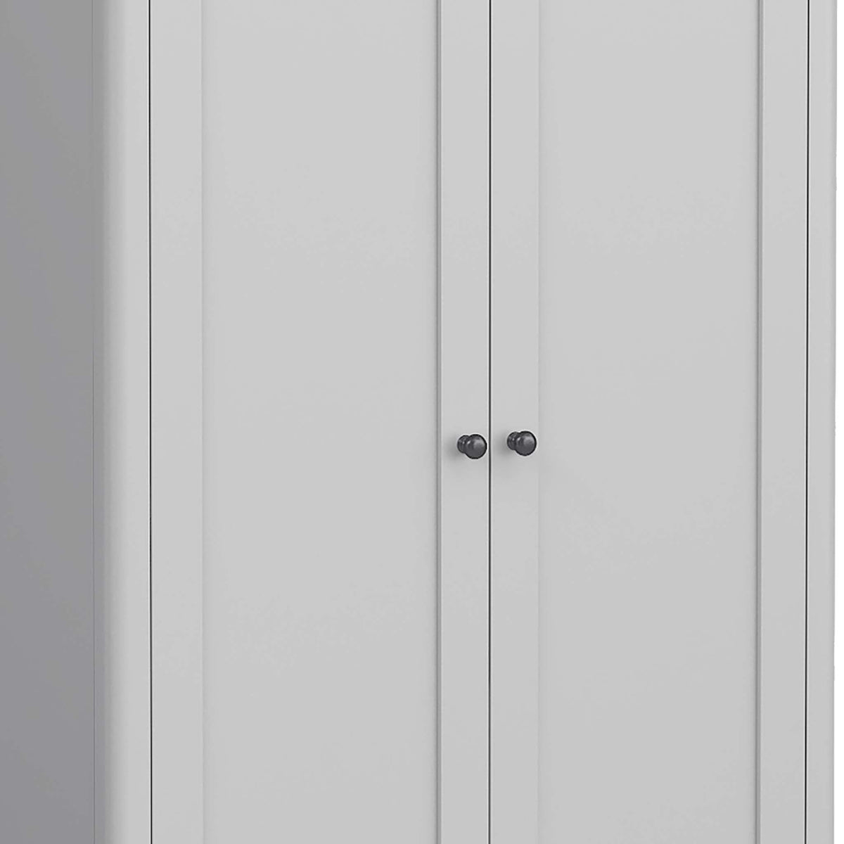 close up of gunmetal grey door knobs on the Elgin Grey Double Wardrobe