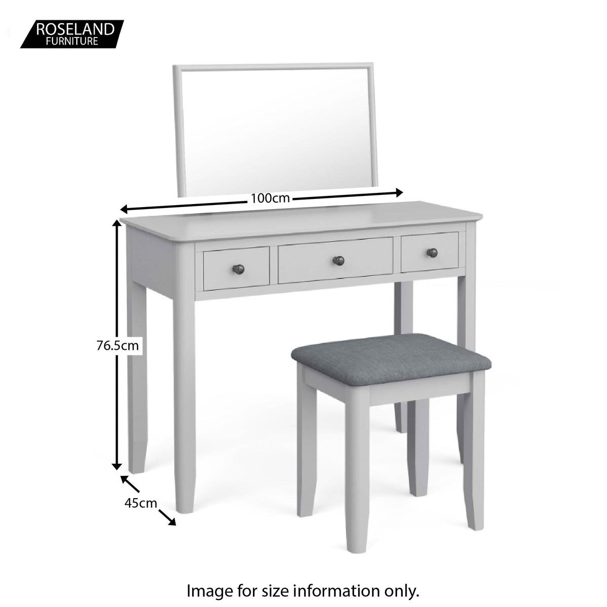 Elgin Dressing Table Set with Vanity Mirror & Stool size guide