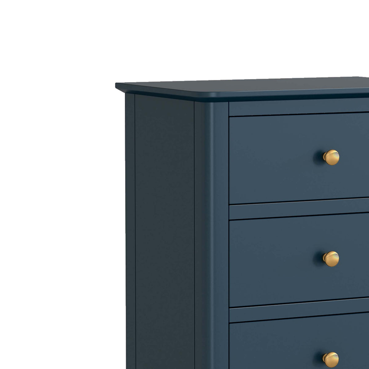 close up of sleek top edge on the Stirling Blue Tallboy Chest of Drawers