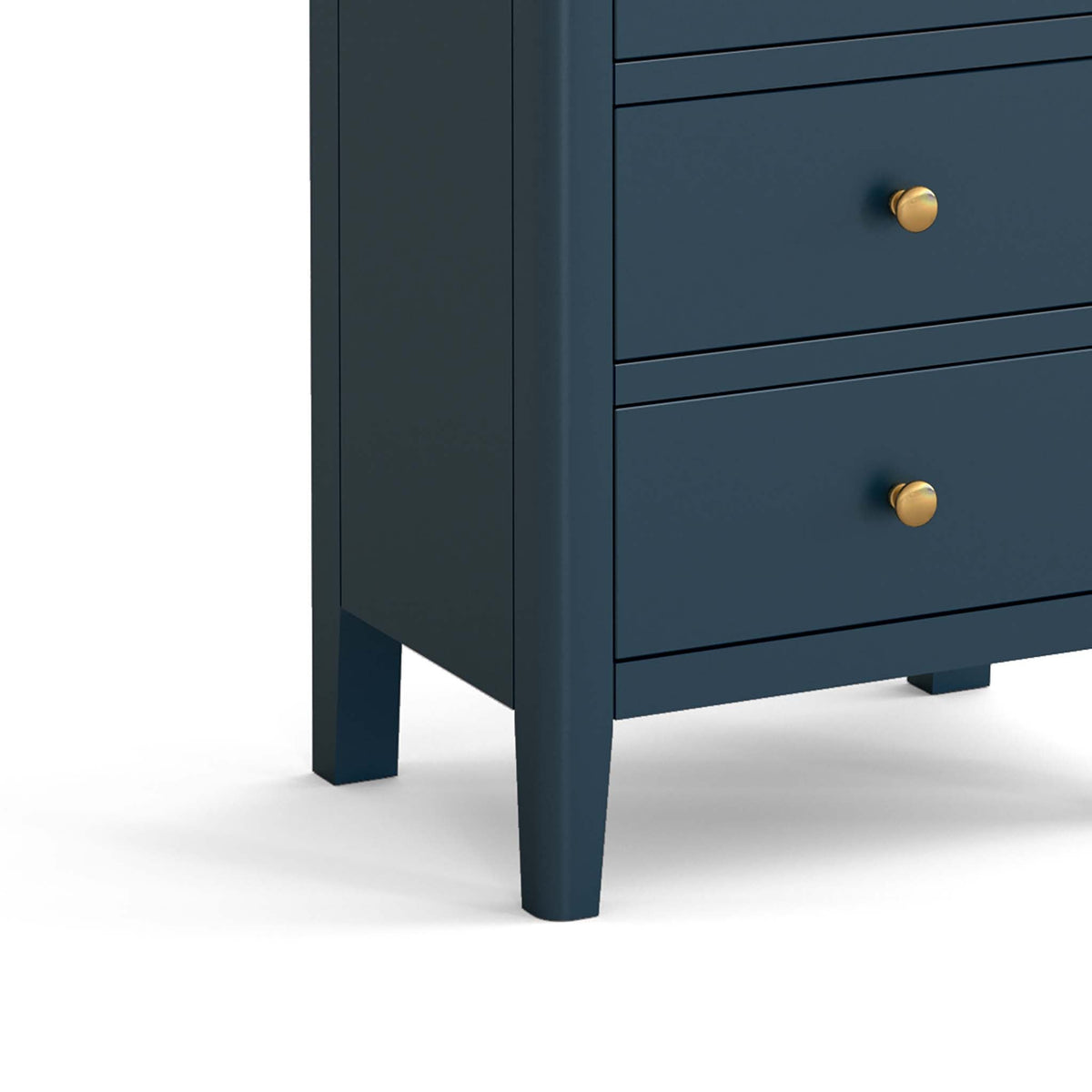 close up of tapered legs on the Stirling Blue Tallboy Chest of Drawers