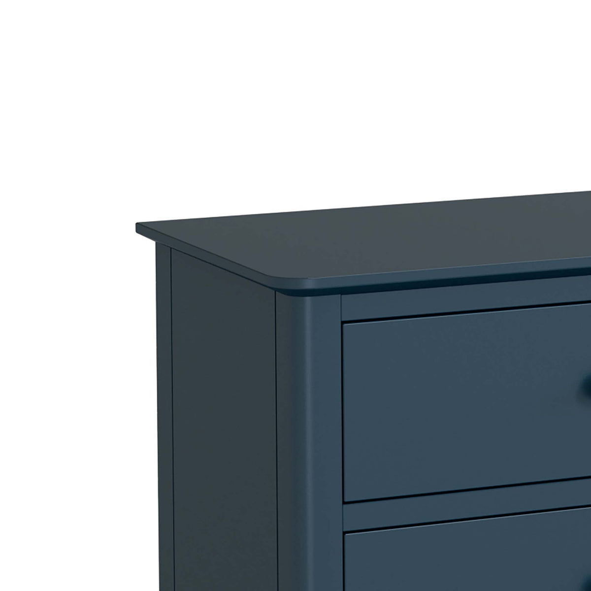close up of sleek top edge on the Stirling Blue 3 over 3 Chest of Drawers