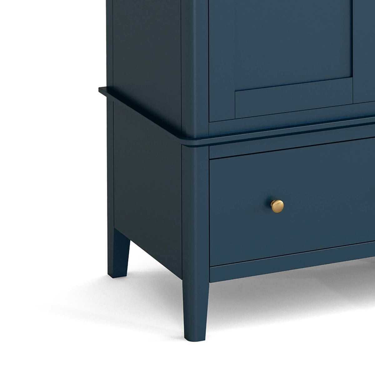 close up of tapered legs on the Stirling Blue Triple Wardrobe