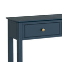 close up of the sleek top edge on the Stirling Blue Console Table