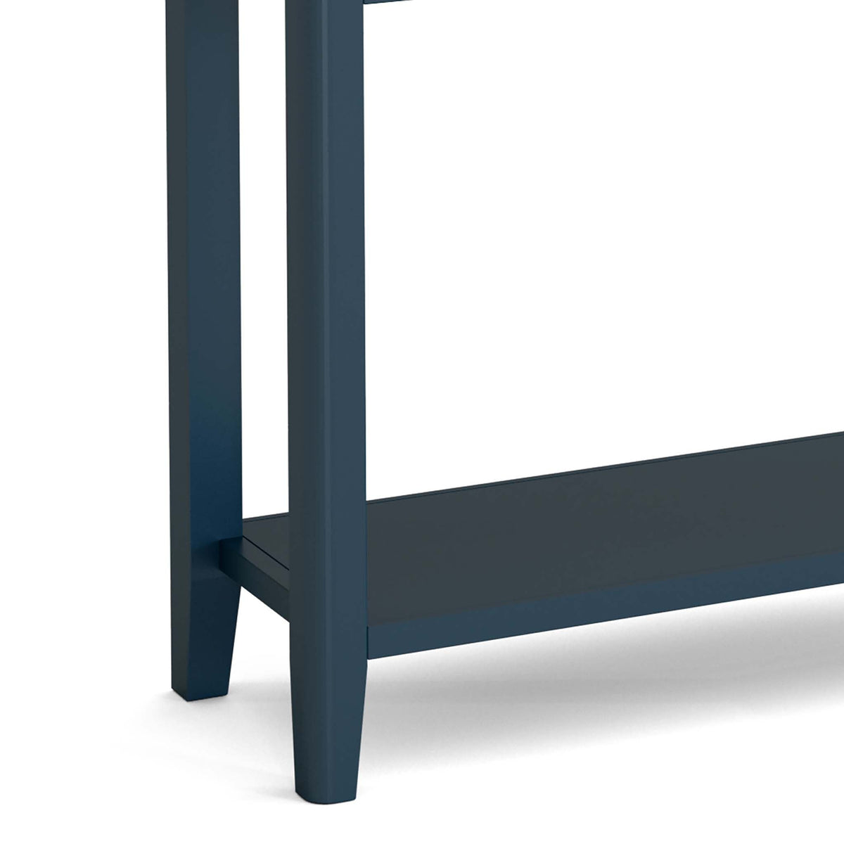 close up of tapered legs and lower shelf on the Stirling Blue Console Table