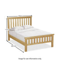 A wooden bed with white bedding annotated with dimensions: length 200.5cm, width 134cm, headboard height 115cm. Logo "ROSELAND Furniture." Below: "Image for size information only."