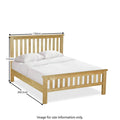 A wooden bed frame with white bedding stands against a white background. Dimensions are indicated: 150cm width, 200.5cm length, 115cm headboard height. Below is the text "ROSELAND FURNITURE" and "Image for size information only."