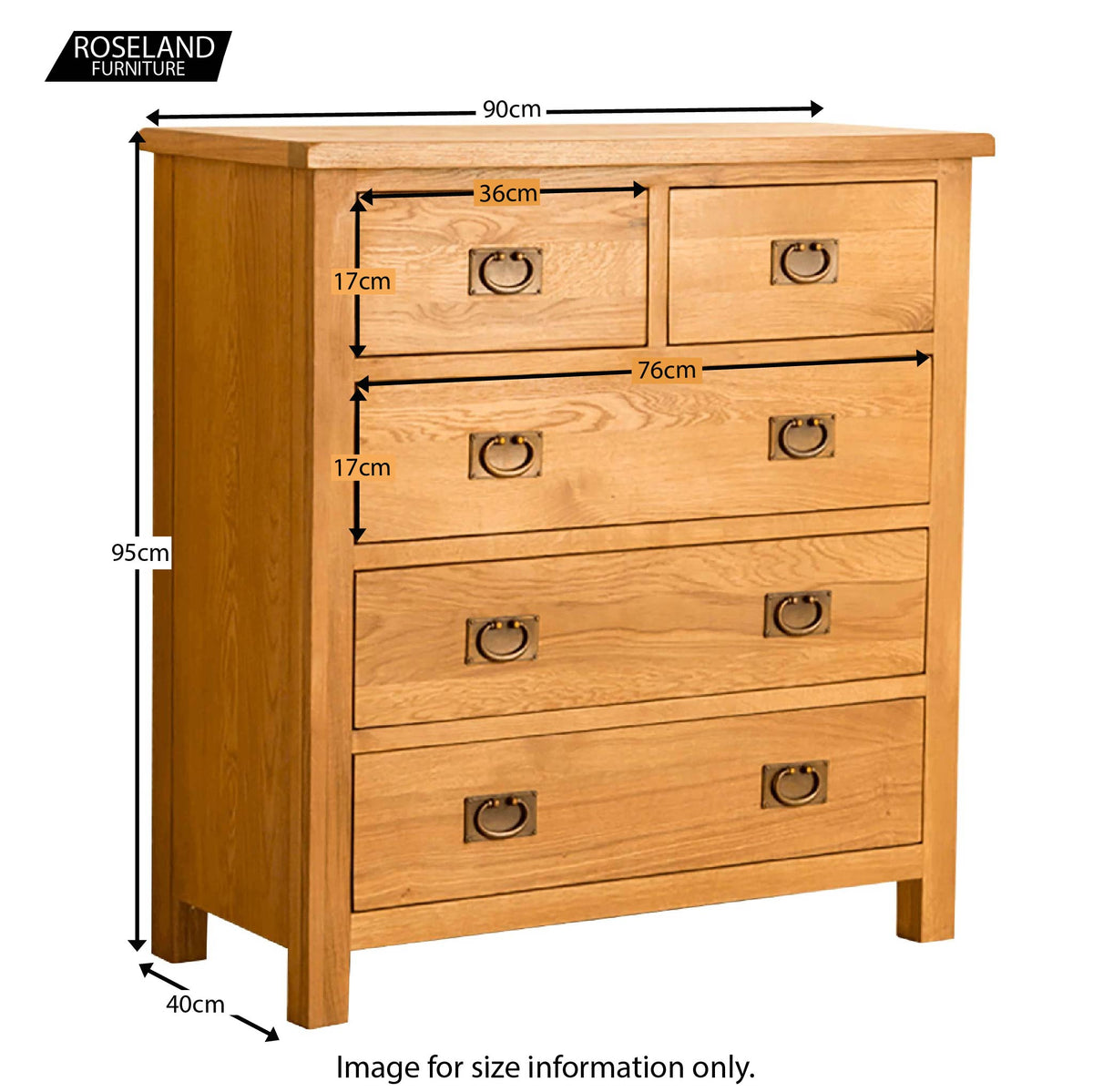 Lanner Oak 2 over 3 Drawer Chest of Drawers - Size Guide