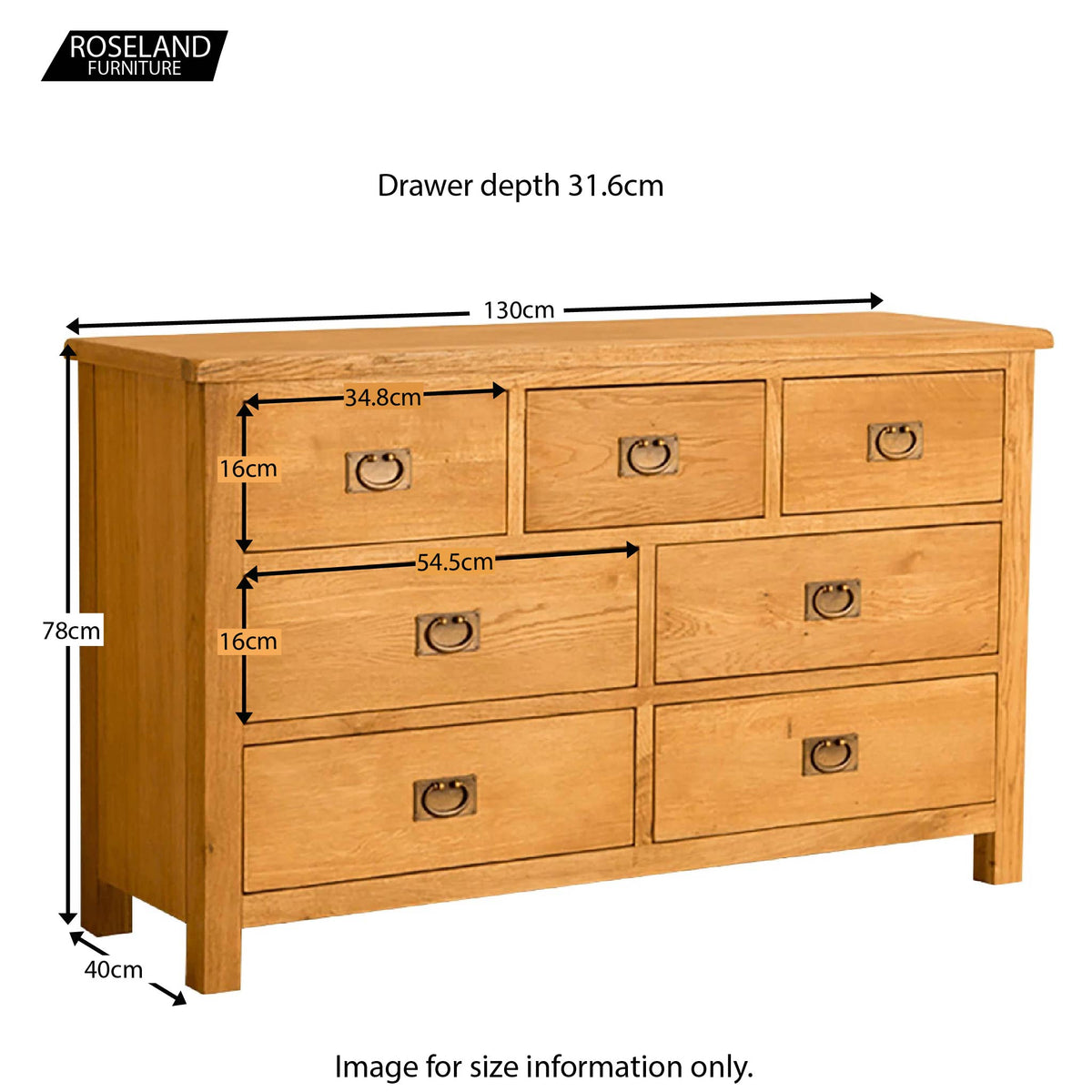 Lanner Oak 3 over 4 Drawer Chest of Drawers - Size Guide