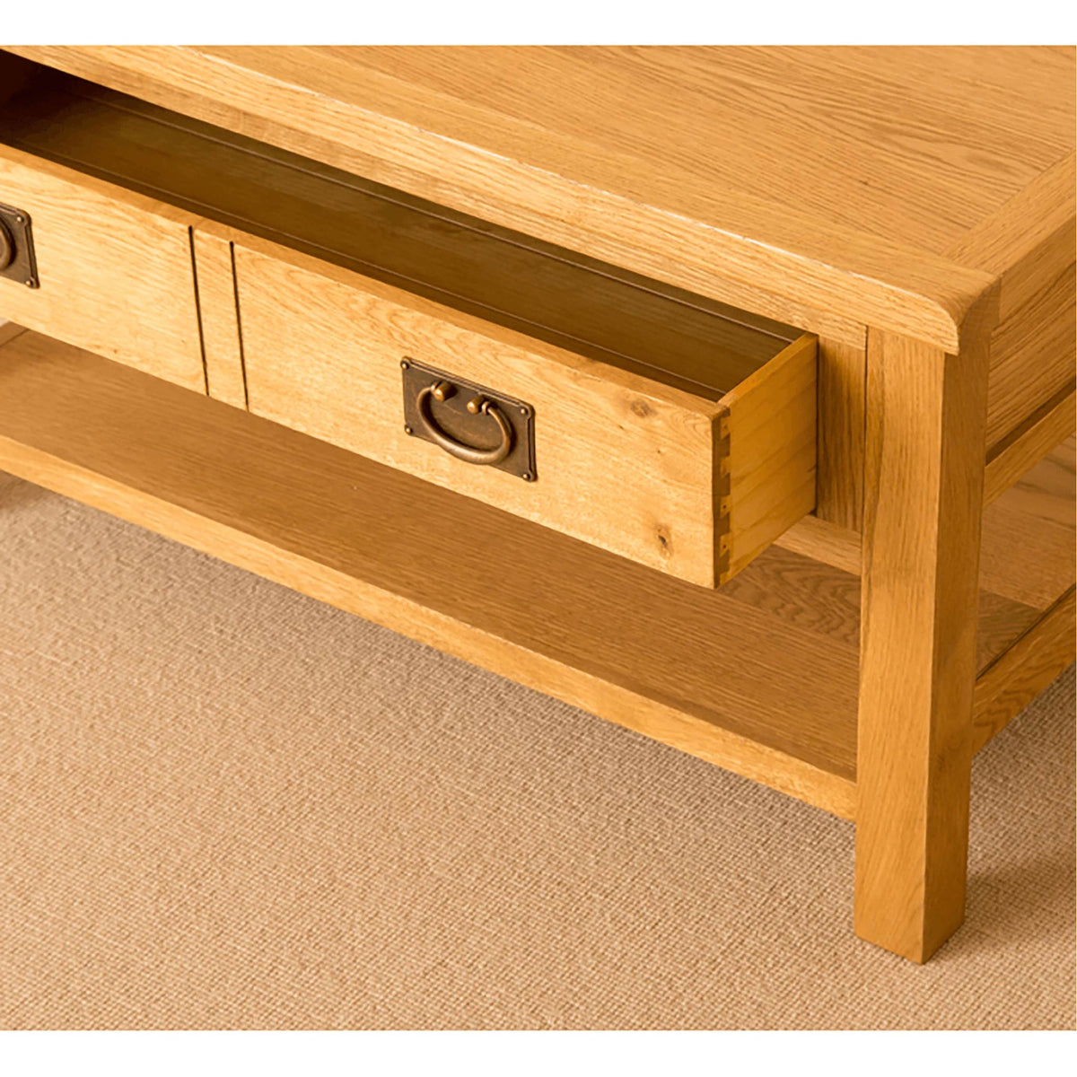 Lanner Oak Coffee Table with drawers open 