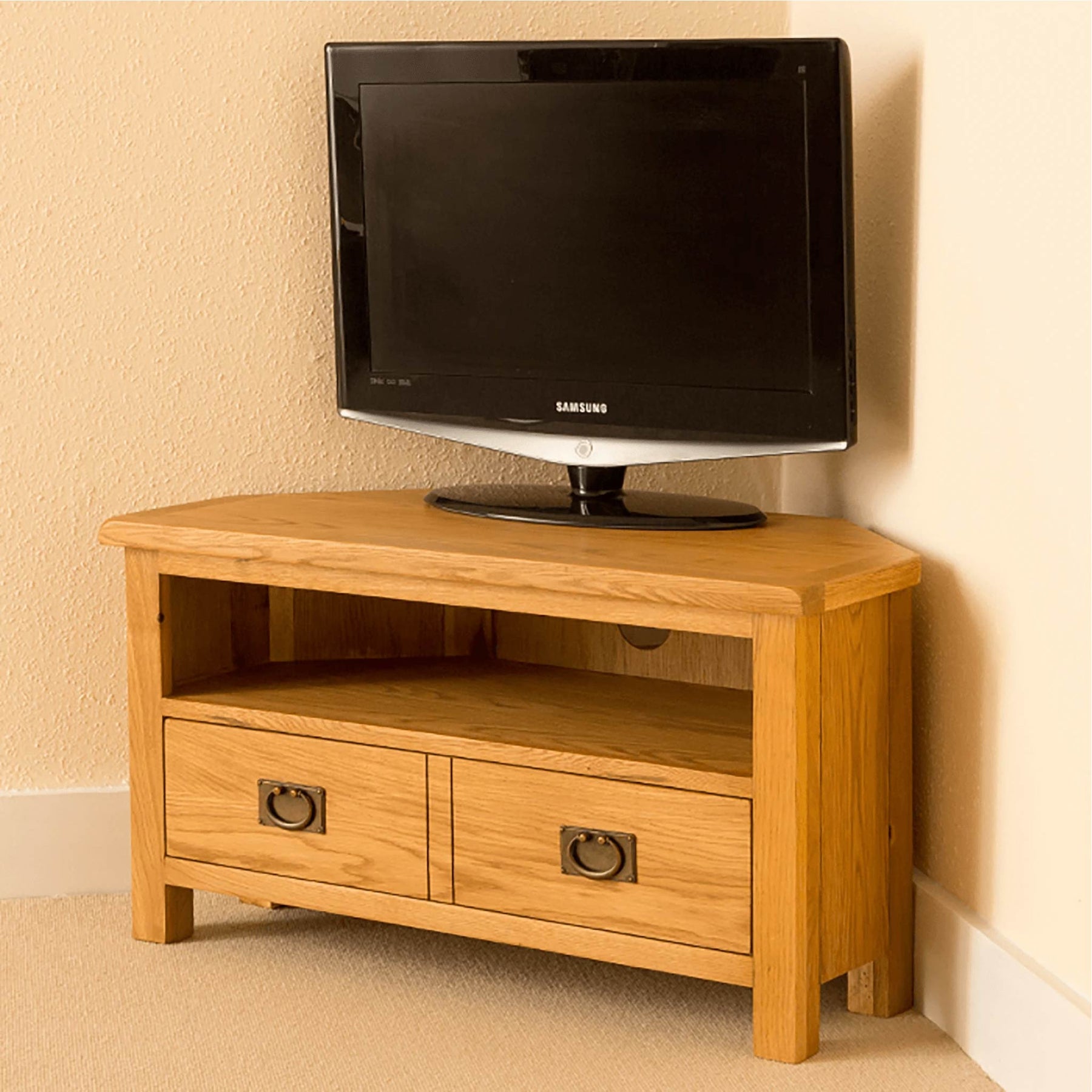 Lanner Oak Corner TV Stand side view