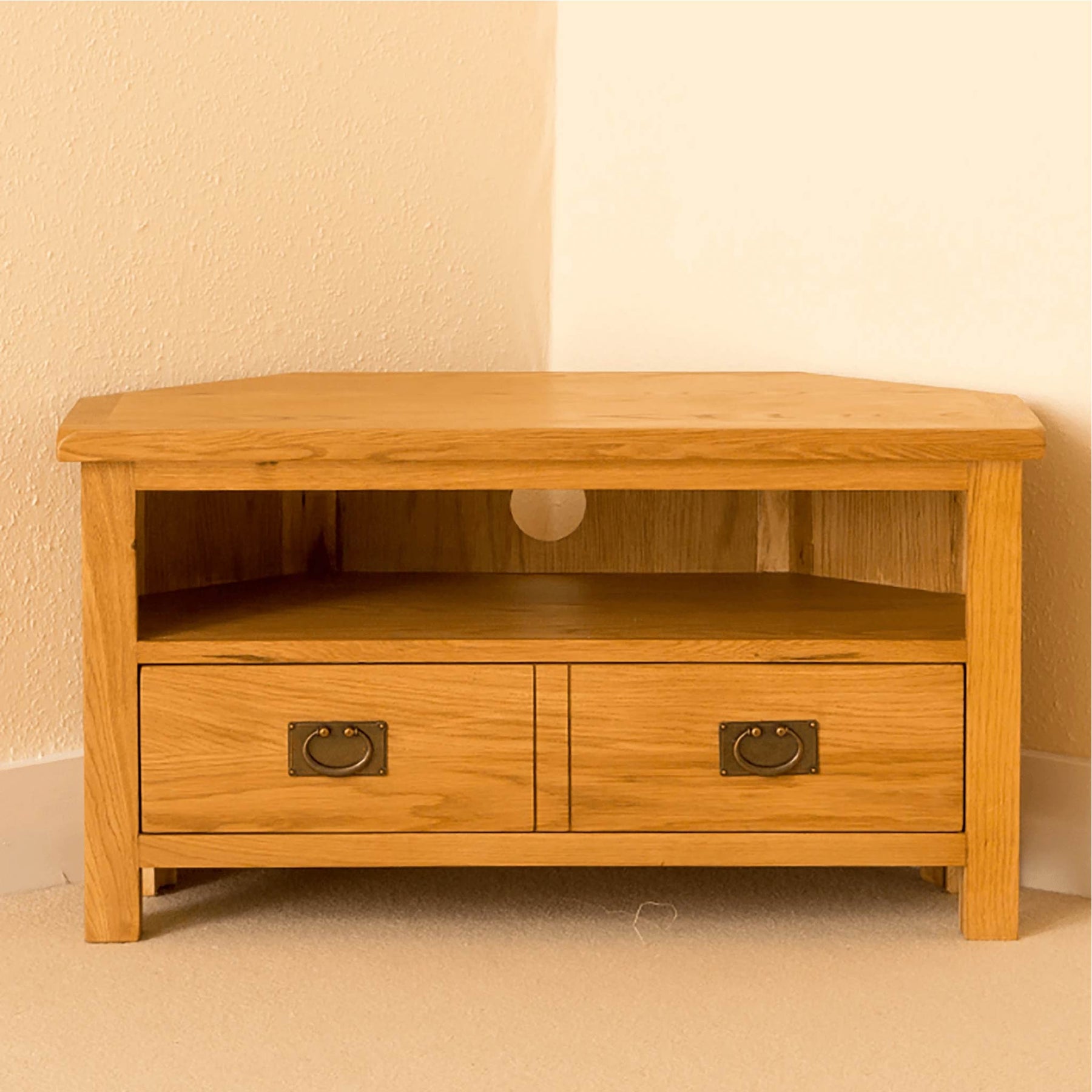 Lanner Oak Corner TV Stand front view