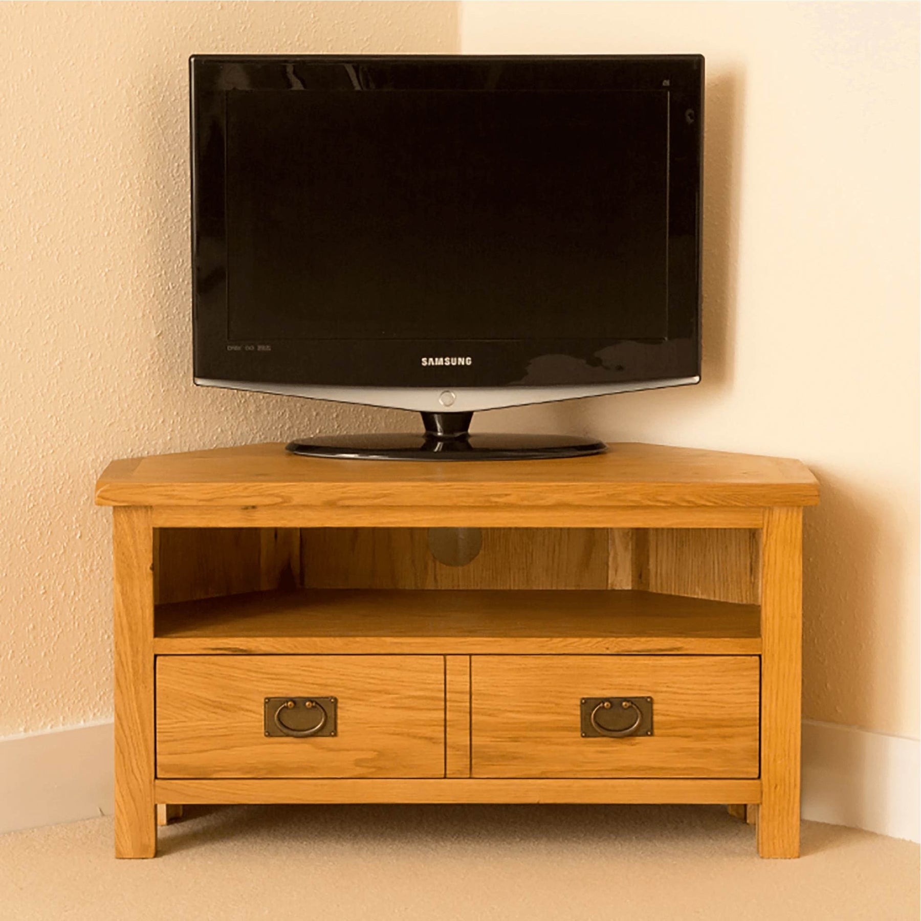 Lanner Oak Corner TV Stand front view 