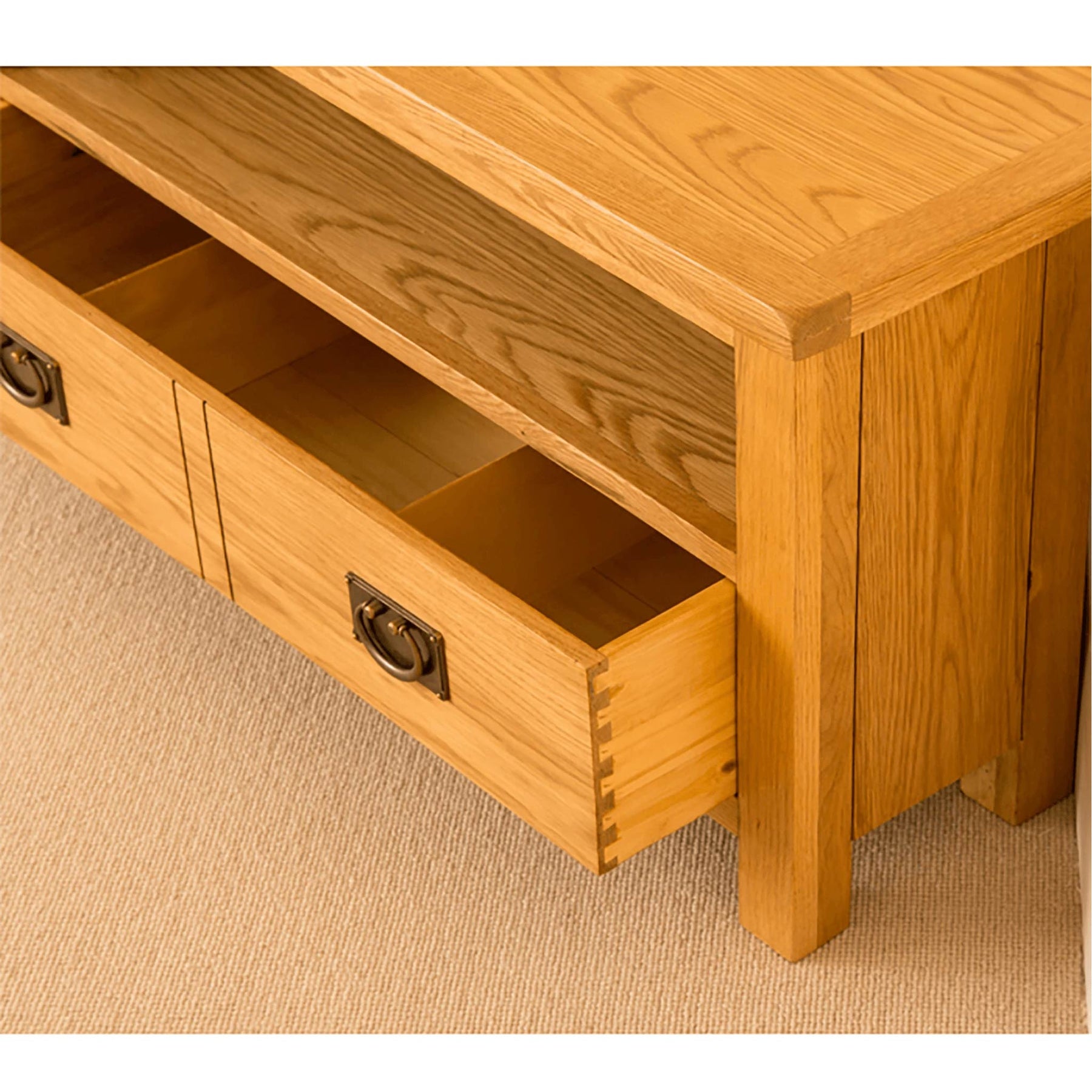 Lanner Oak Corner TV Stand front corner view