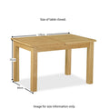 A closed wooden table is shown with measurements: 120cm wide, 80cm deep, and 75cm high. "Size of table closed. Image for size information only." Roseland Furniture logo present.