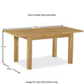 An extended wooden dining table labeled "ROSELAND FURNITURE" with dimensions: 165cm length, 80cm width, and 75cm height. Text states, "Size of table fully extended." and "Image for size information only."