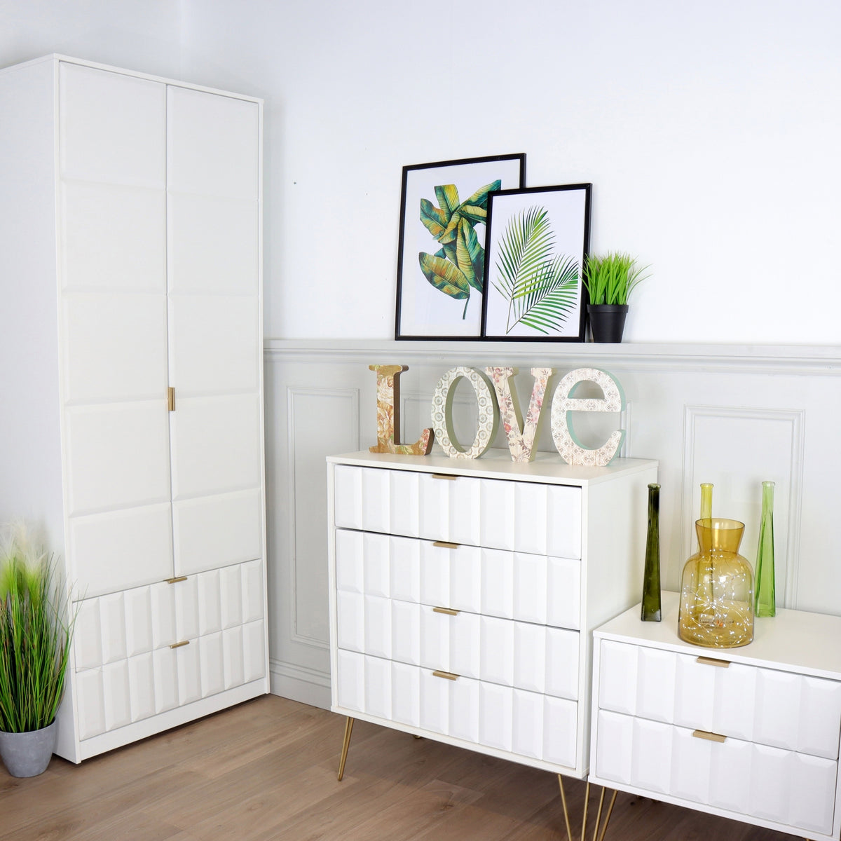 Harlow White 2 Drawer Utility Chest with Gold Hairpin Legs for bedroom