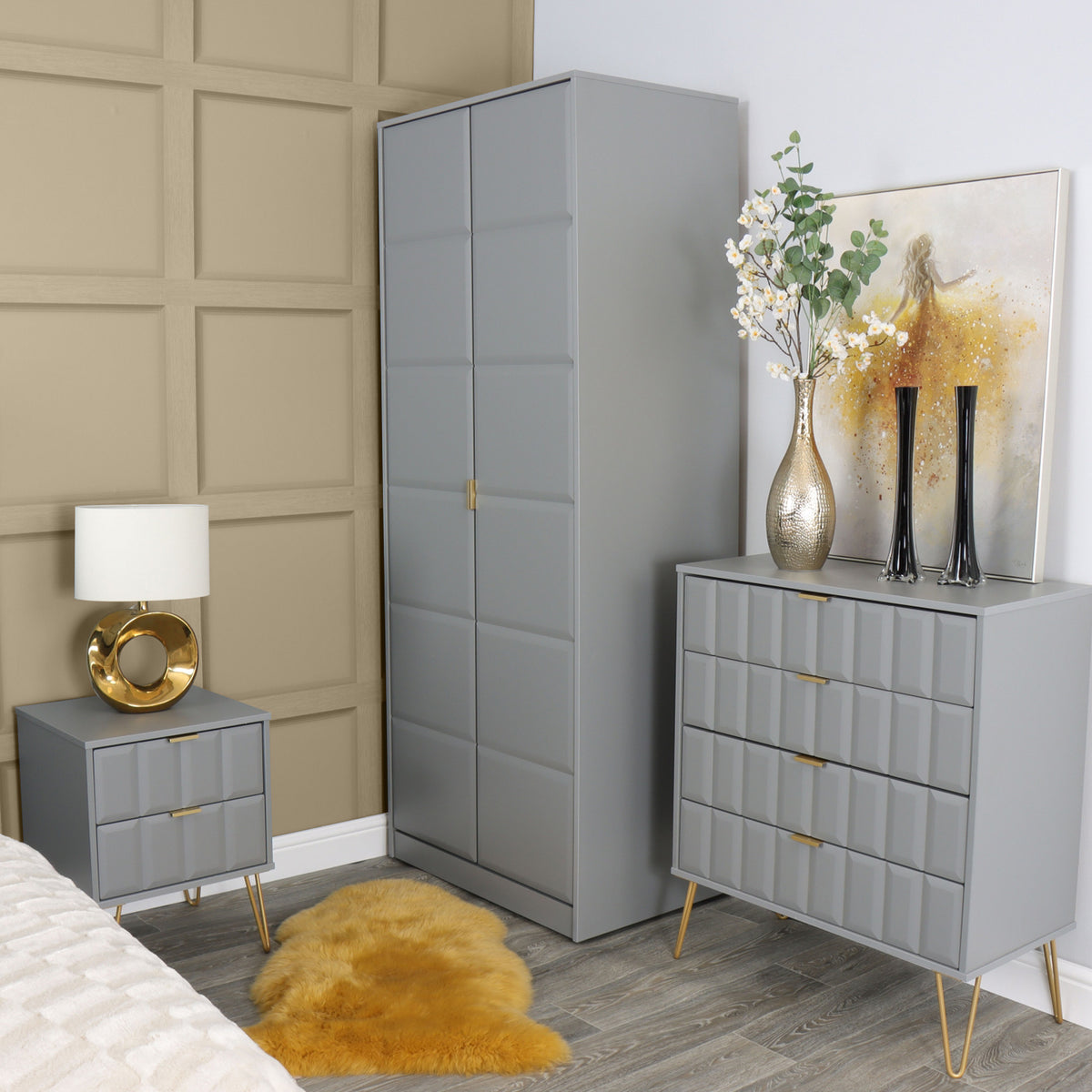 Harlow Grey 4 Drawer Chest with Gold Hairpin Legs for bedroom