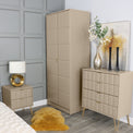 Harlow Taupe Wireless Charging 2 Drawer Utility Chest with Gold Hairpin Legs in bedroom
