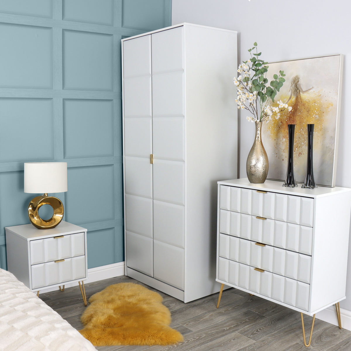 Harlow White 2 Drawer Bedside with Gold Hairpin Legs for bedroom