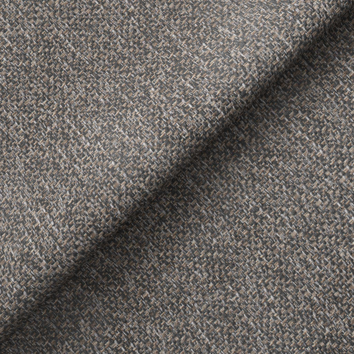 Textured fabric with a herringbone pattern, folded to create a shadow, with neutral brown and grey tones.