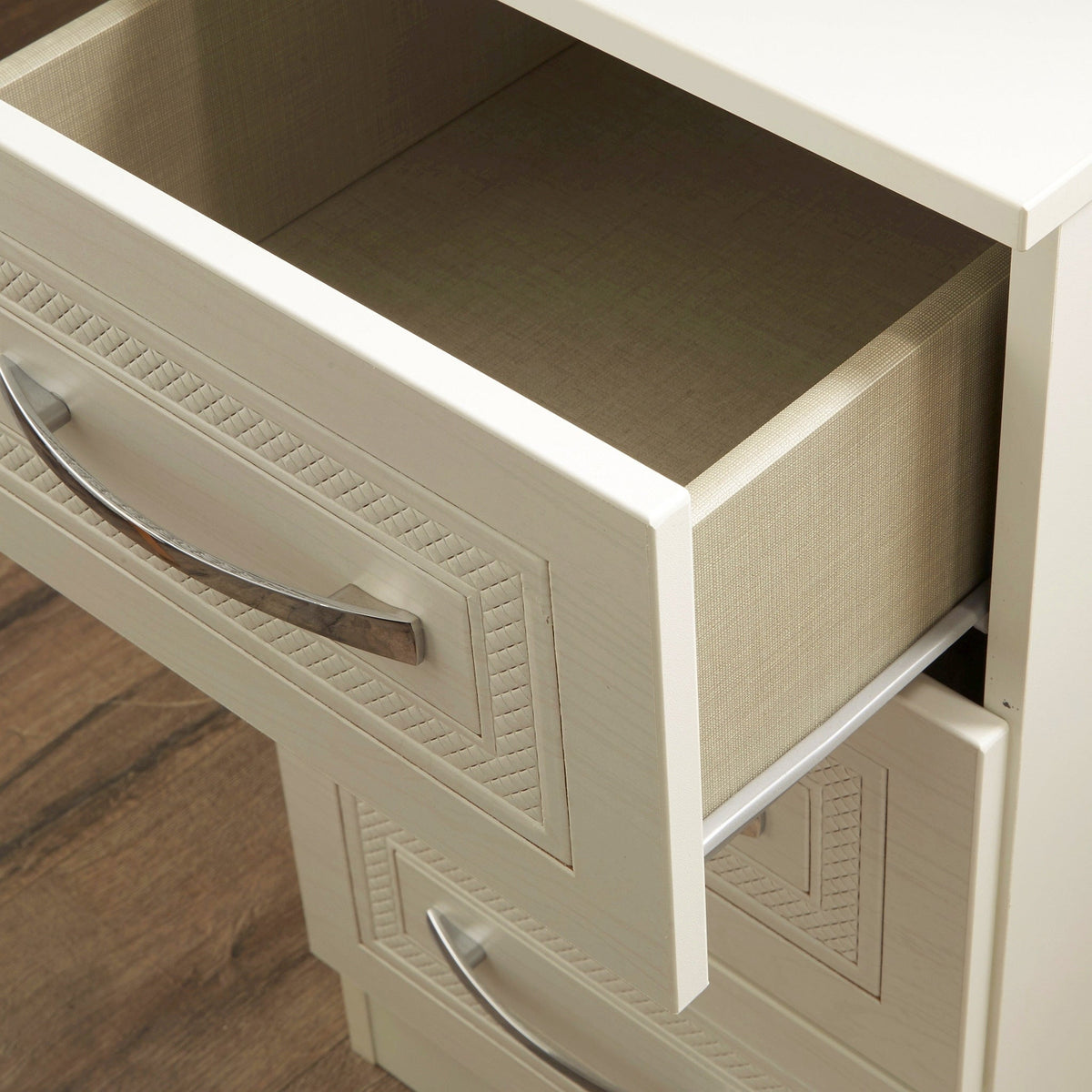 Killgarth White 3 Drawer Bedside Table drawer close up