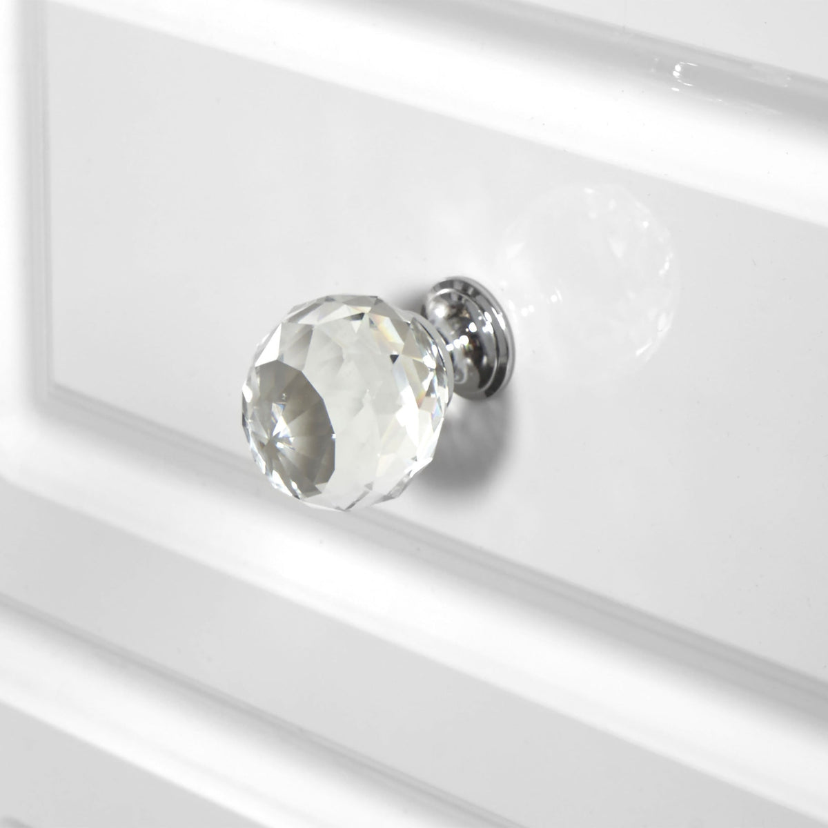 Kinsley White Gloss 6 Drawer Chest from Roseland closeup crystal