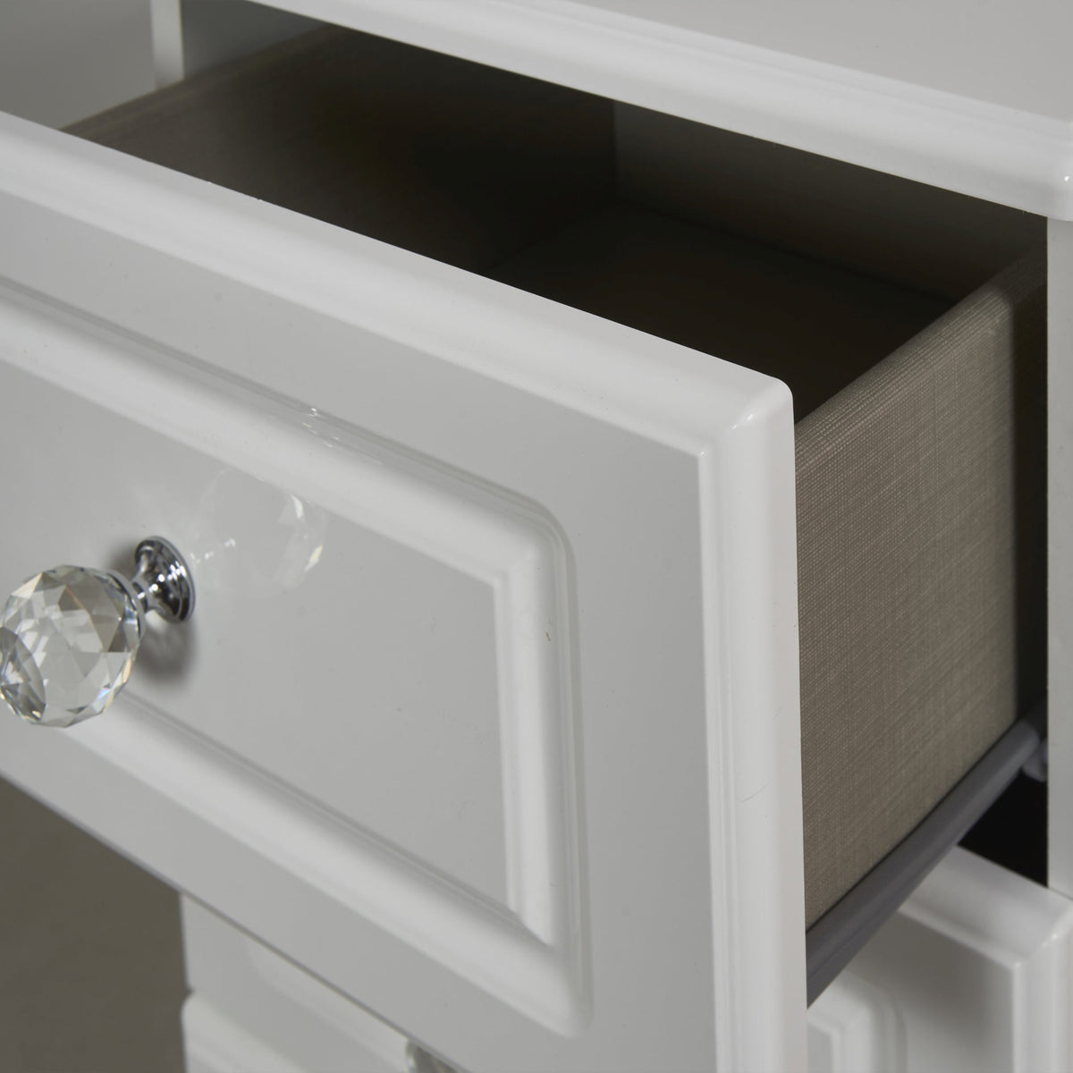 Kinsley White Gloss 3 Drawer Bedside Cabinet from Roseland open closeup