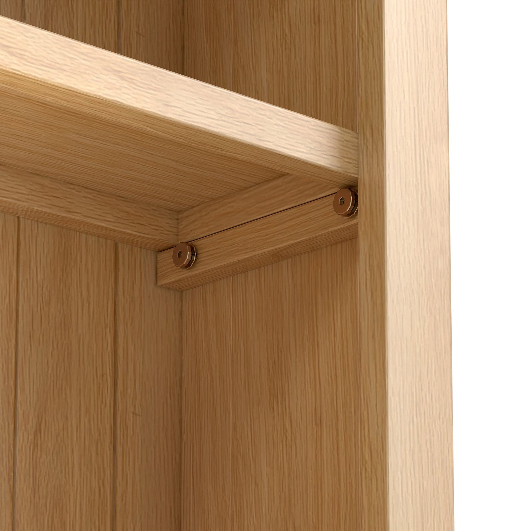 A wooden shelf secured by two screws against a vertical wooden surface, in a clean, light-toned wooden environment.