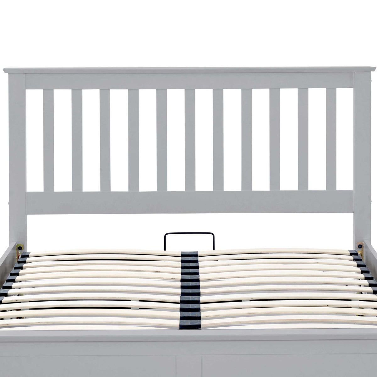 front view of the slatted head board on the Trent Grey Wooden Ottoman Bed