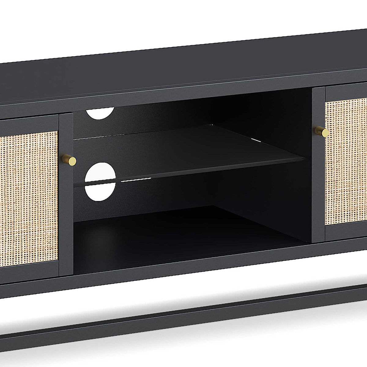 Margot Cane Wide TV Media Unit - Close up of shelving and cable access points