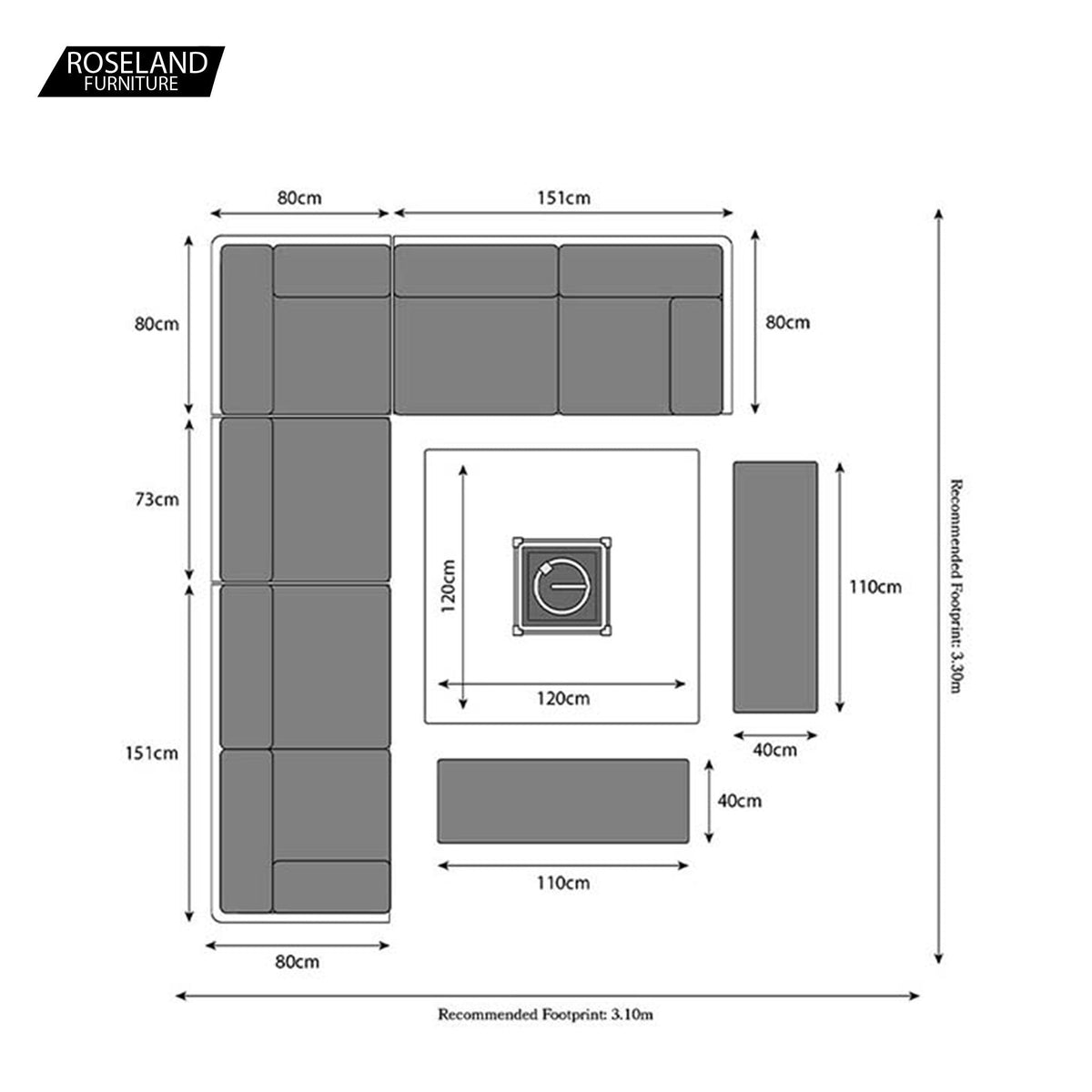 Mayfair 120cm Grey Outdoor Corner Fire Pit Table Lounge Set Dimensions & Size Guide