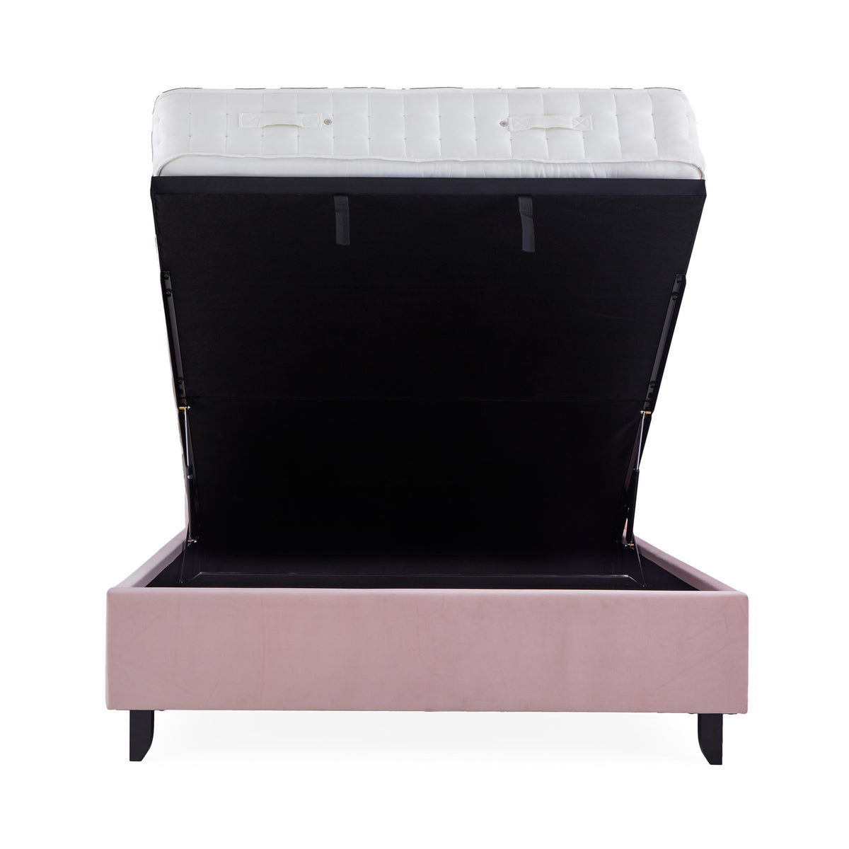 Francis Blush Velvet Ottoman Storage Bed fully opened end view