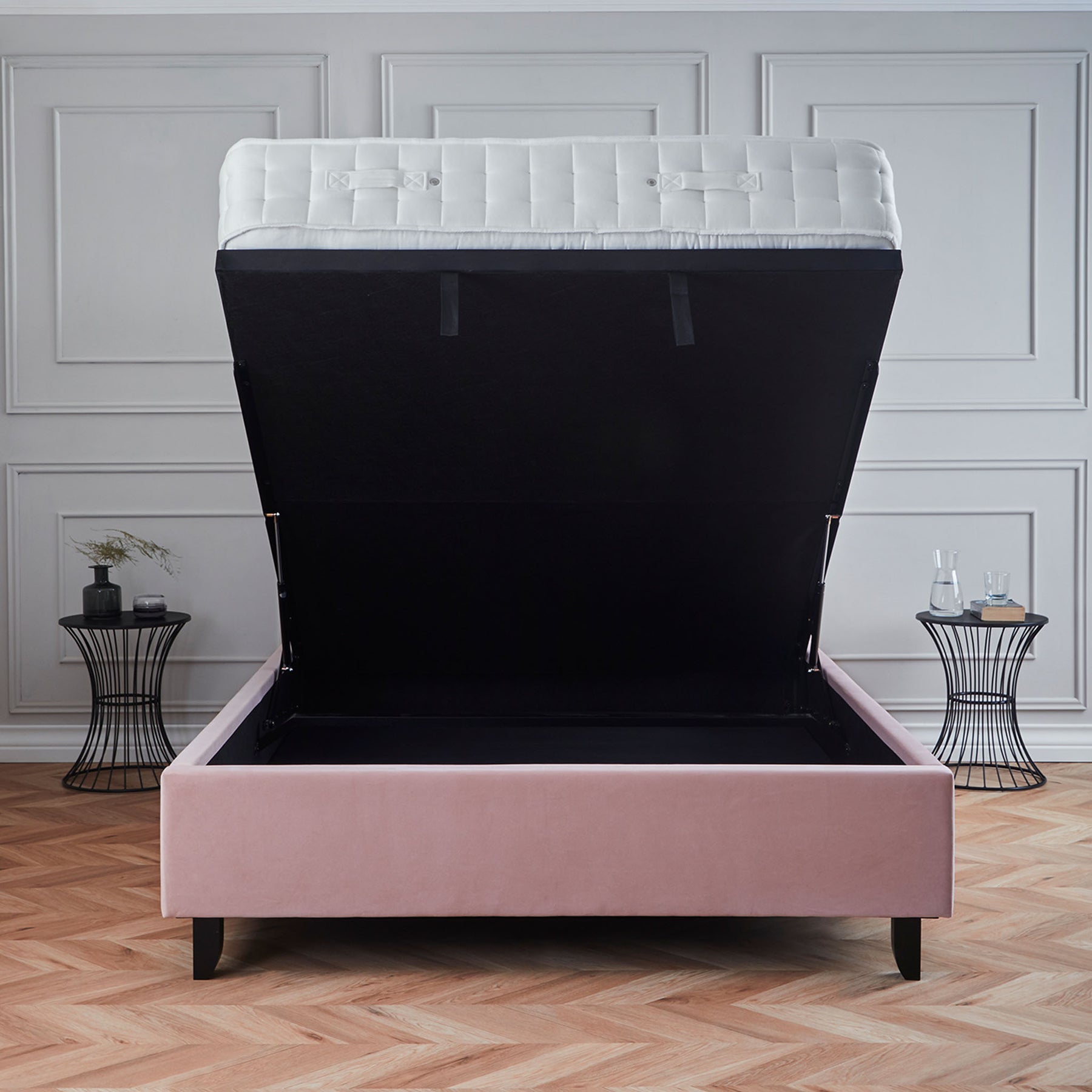 Francis Blush Velvet Ottoman Storage Bed fully opened under bed storage