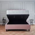 Francis Blush Velvet Ottoman Storage Bed partially opened under bed storage