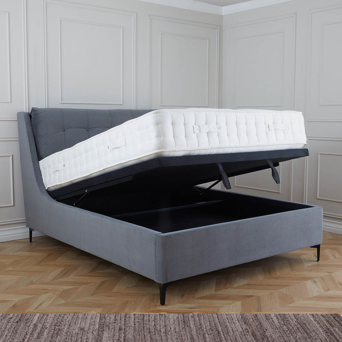 Oliver Steel Grey Velvet Upholstered Ottoman Storage Bed