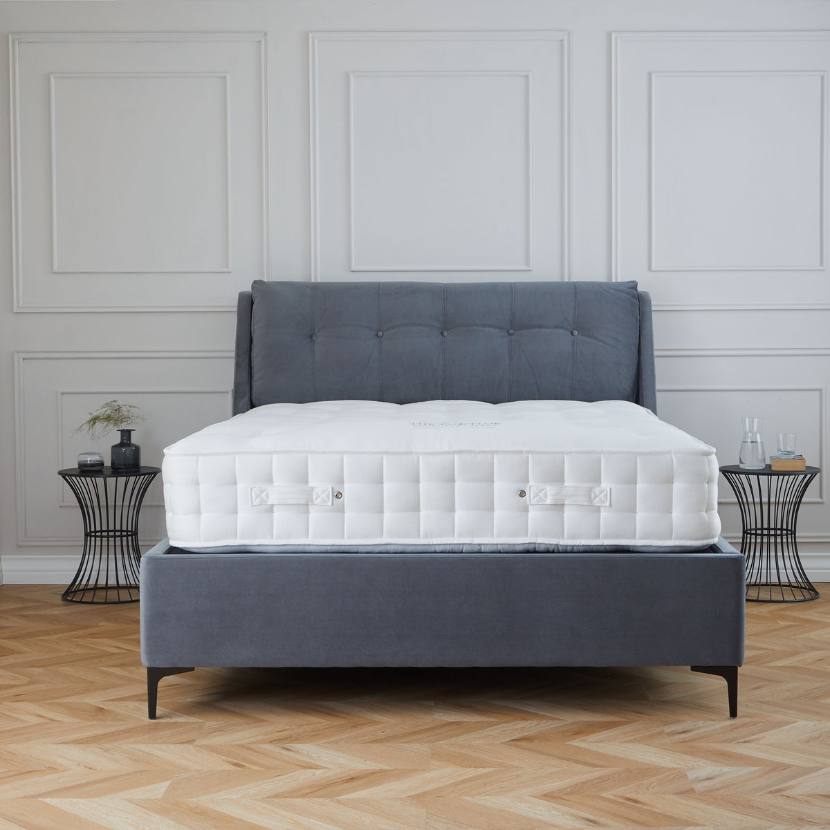 Oliver Steel Grey Velvet Upholstered Ottoman Storage Bed front view