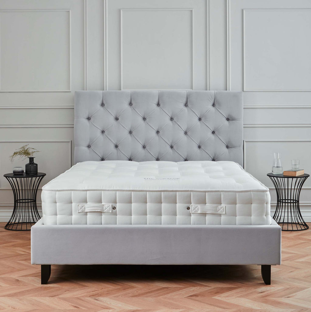 Finley Silver Mink Velvet Upholstered Bed Frame Front Lifestyle