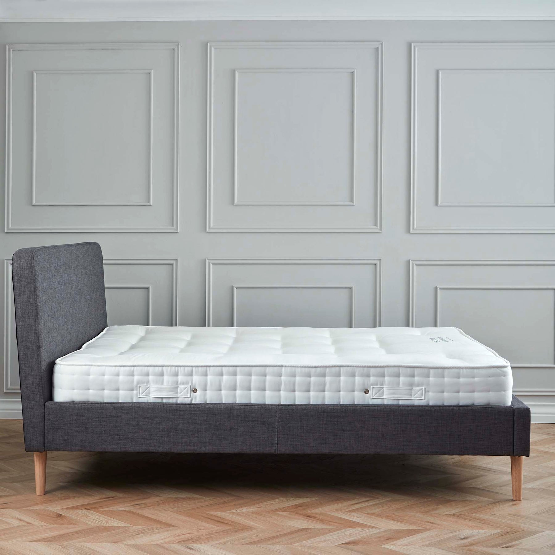 Otto Charcoal Upholstered Bed Frame - Side Lifestyle