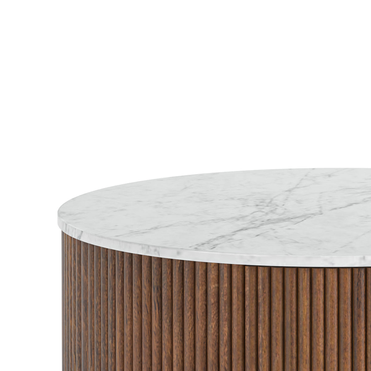 Milo Mango & Marble Fluted Side Table with Door - close up of Calacutta marble top