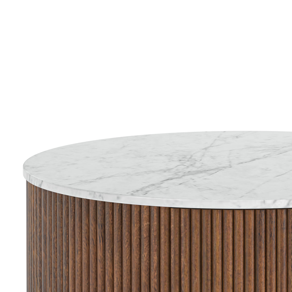 Milo Mango & Marble Round Fluted Coffee Table - Close up of side of marble top