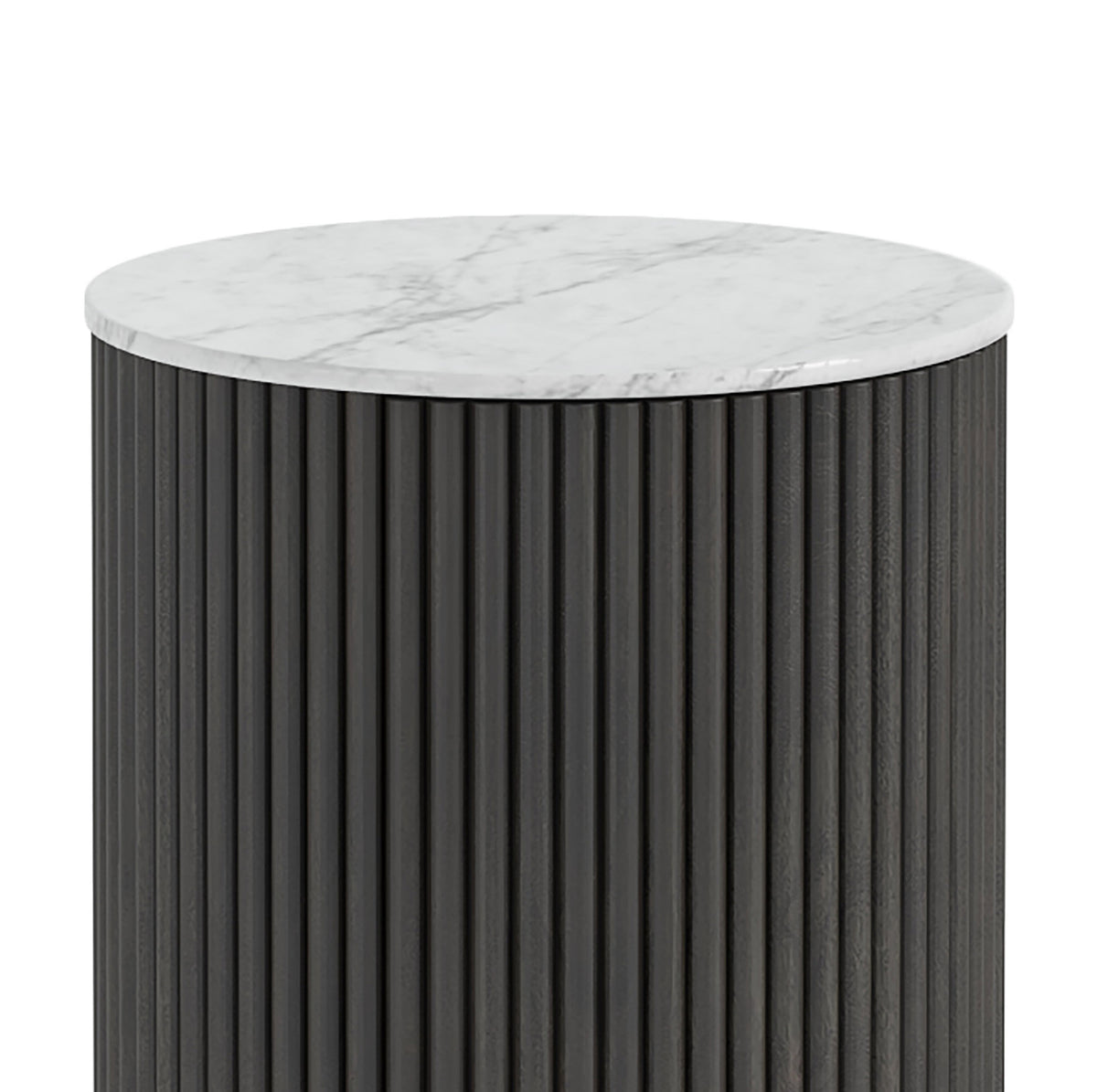 Milo Mango & Marble Round Fluted Bedside Table - Close up of Marble top and fluted sides