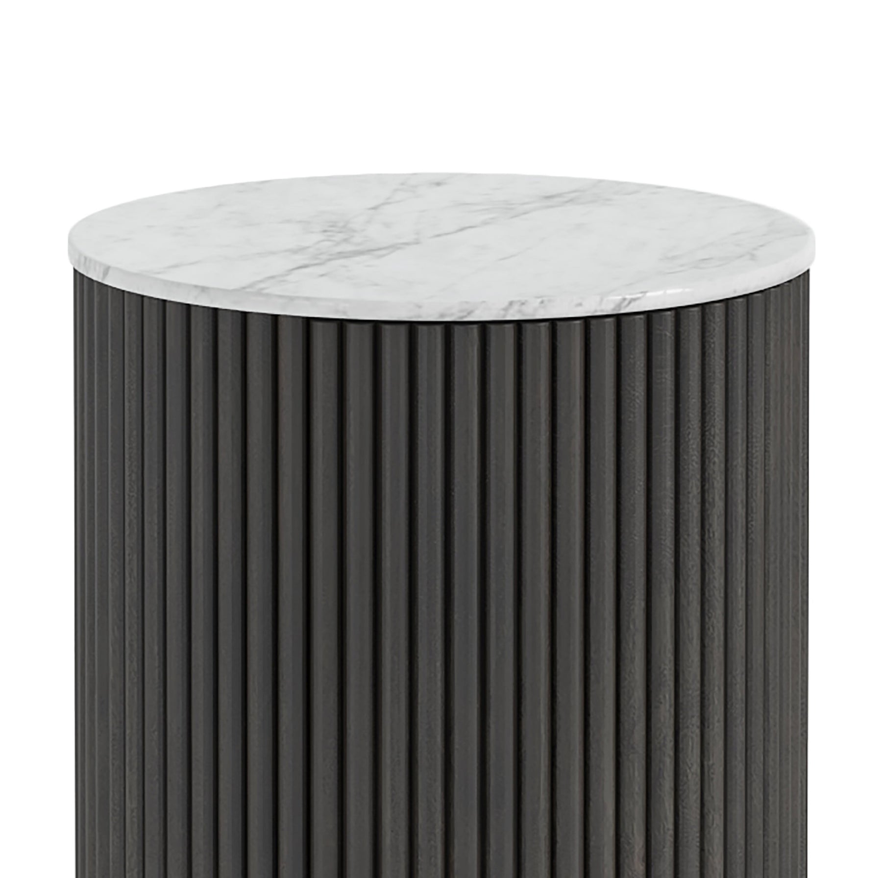 Milo Mango & Marble Round Fluted Bedside Table - Close up of Marble top and fluted sides