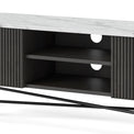 Milo Mango & Marble Fluted Wide TV Media Unit - Close up of Cable access points and shelves